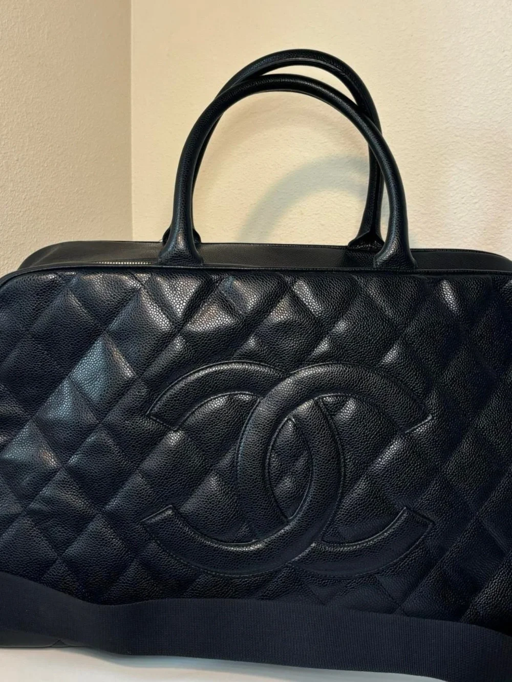 CHANEL Black Quilted Caviar Leather Tote with CC Emblem